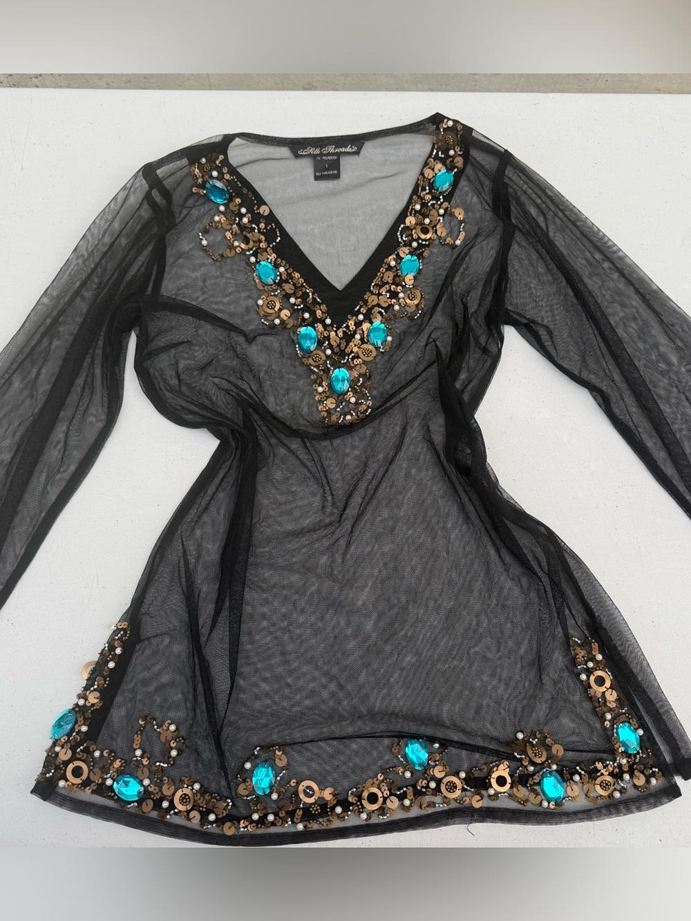 Black Sheer Tunic with Turquoise Embellishments